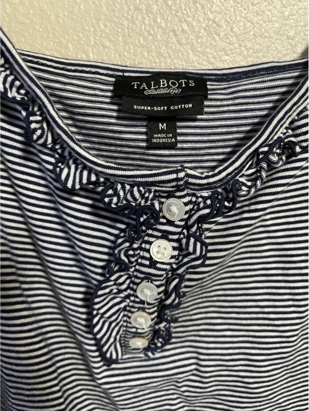 Talbots Medium Tank  Blue White Spaghetti Straps Ruffles - Picture 4 of 5